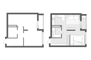 Apartment floor plans. Micro, one, two bedroom apartment. Interior design elements kitchen, bedroom, bathroom furniture. Vector architecture plan of studio, condominium, flat, house. 2D floor plans	
