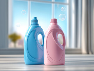 Two plastic containers with laundry detergent stand in a room on a window against the sky