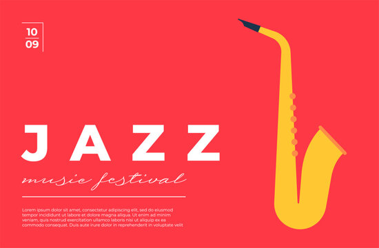 Modern jazz festival poster with saxophone motifs. Minimalist flat vector design featuring abstract shapes and classic typography. Perfect for concert flyers, banners, and music event promotions.