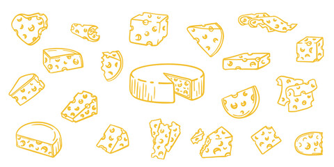 Cheese doodle line icon set. Hand-drawn slices, wedges, blocks. Perfect for restaurant menu, cafe, food design. Vector illustration