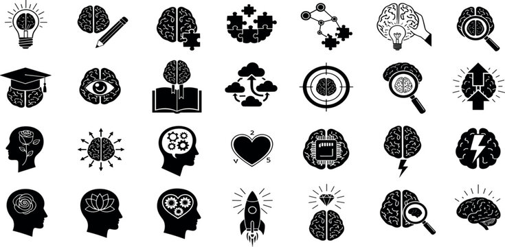 Mind, brain concept line icon set. Vector pictograms of mental processes, learning, creativity, problem-solving, mindfulness, memory, cognitive development, abstract thinking