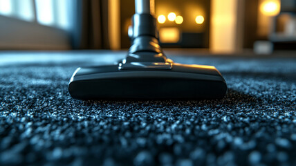 Close-up of vacuum cleaner head on blue carpet indoors.