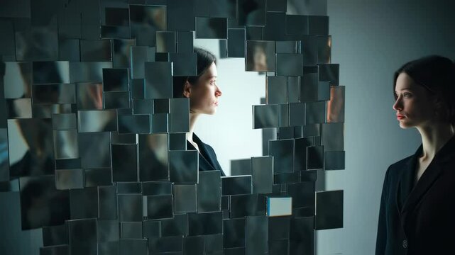 Confident businesswoman breaking through fragmented mirror wall, representing professional growth, self discovery, and overcoming corporate challenges with powerful determination