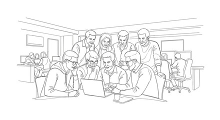 Group of Colleagues Collaborating on Laptop in Modern Office Setting for Business Blogs, Teamwork Content, Innovation Articles, and Creative Projects