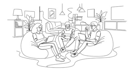 Startup Work Environment with Team Collaboration on Laptops in Cozy Seating for Blogs, Websites, Freelance Projects, and Creative Industry Content