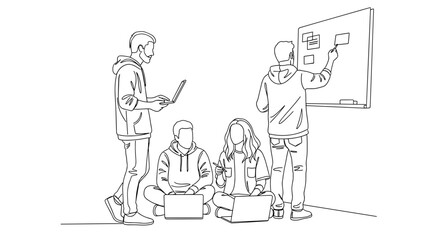 Team Collaboration Illustration with Young Professionals Working on Laptops in a Startup Environment for Business Blogs, Education, and Creative Projects