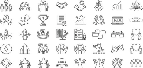 Partnership, Collaboration line icon set. Vector pictograms of teamwork, global cooperation, shared success, mutual support, project launch, achievement