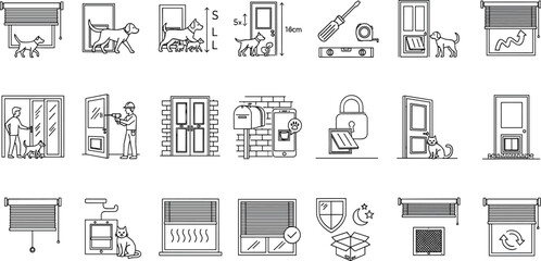 Pet door installation line icon set. Vector pictograms of kit, DIY, professional, entry, smart, electronic control, lock secure, shield