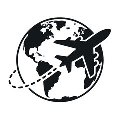 Global Air Travel Icon Depicting a Plane Flying Around the World with a Dotted Flight Path in Black and White