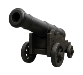 Detailed Vintage Black Cannon Replica Featuring Wooden Carriage and Wheels, Perfect for Historical Displays or Model Collections, Isolated on Transparent and White Background
