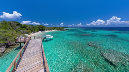 Fototapeta premium A pristine tropical beach cove showcases crystal-clear turquoise water, a small boat moored near a wooden pier extending from a lush green shoreline, perfect for a high-quality