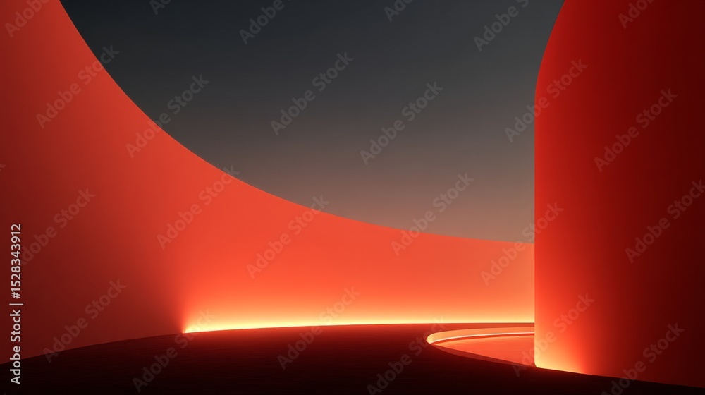 Poster minimalist exploration of light and color through a red curved wall under a gradient sky at dusk