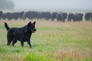 plains Mudi herding cattle on rainy Hungarian Brave