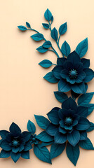 Teal Paper Flowers and Leaves Corner Border Design