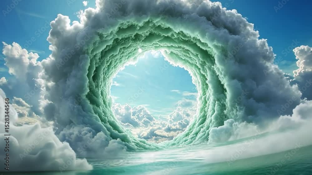 Poster portal to the skies: a breathtaking view of a swirling vortex of clouds, leading towards a bright bl