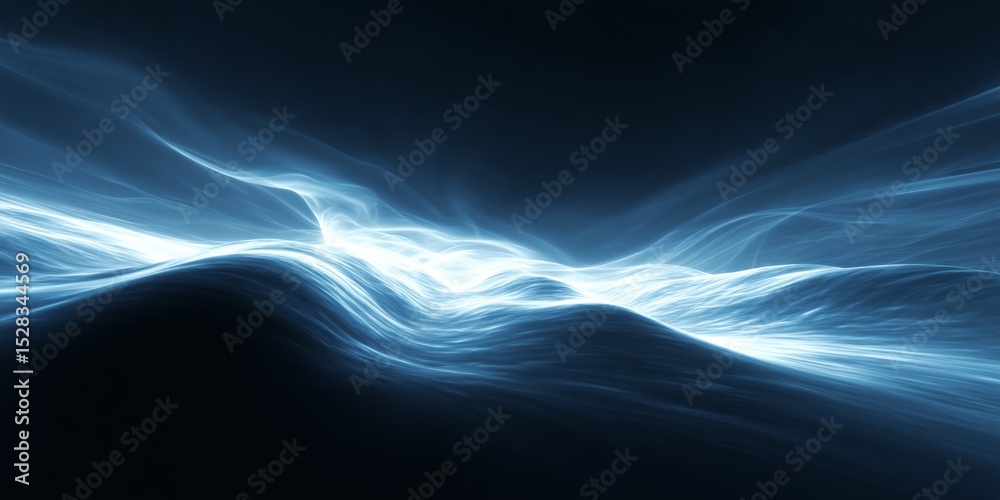 Poster Ethereal White Glowing Strokes Dance Through a Vast Digital Expanse, Creating a Mesmerizing Abstract Experience of Flowing Blue and Black Waves in 3D Space, Illuminated by Soft Light Effects