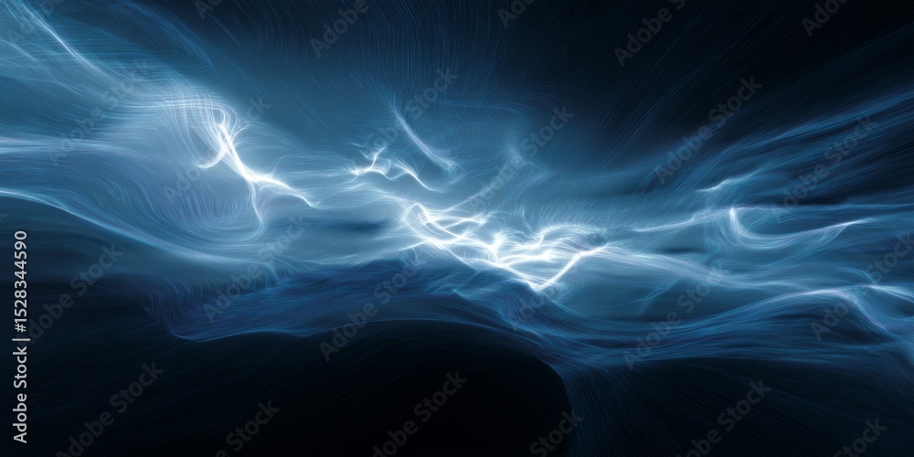 Poster Floating Luminous Strokes Create a Mesmerizing and Enchanting Abstract Environment, Blending Blue and Black Waves With a Radiant Soft Glow That Exudes Tranquility