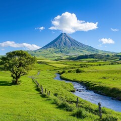 Fototapeta premium A picturesque view of Pico Island in the Azores showcases the majestic Pico mountain, Portugal's highest peak, with its verdant slopes, a tranquil stream flowing through lush green