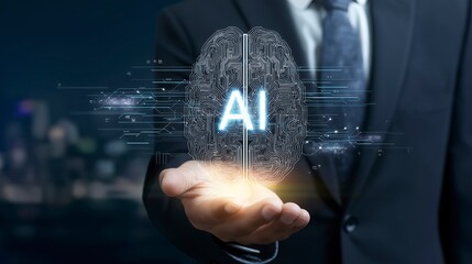 Businessman in Suit Holding Holographic Brain with Glowing AI– Surrounded by Digital Neural Networks, Data Streams, and Futuristic Smart City, Symbolizing Artificial Intelligence