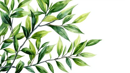 Fototapeta premium A high-quality watercolor painting of vibrant green leaves and branches provides ample copy space ideal for design projects needing a fresh natural element and botanical