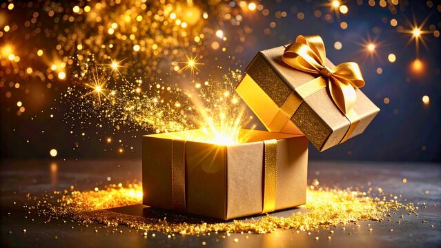 Open gift box revealing glowing magical light inside, surrounded by sparkles and festive decorations on a dark background.