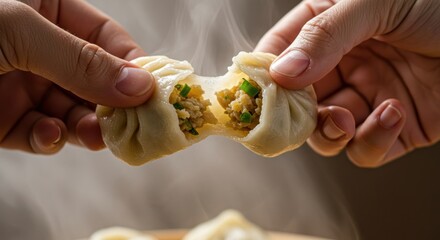 Hands pulling apart steamed dumpling close up