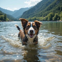 Dog frolicking in a clear lake on a hot summer day. Close-up. In the background are mountains covered with greenery, stock photo