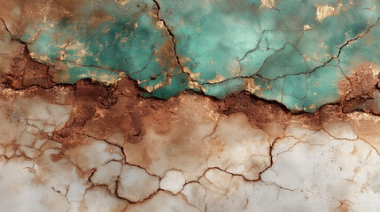 Aged verdigris wash, coppery undertones with textural cracking, soft abstract grunge, digital paper, printable texture,