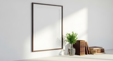 Minimalist Interior Mockup: Frame, Books, and Plant for Creative Display