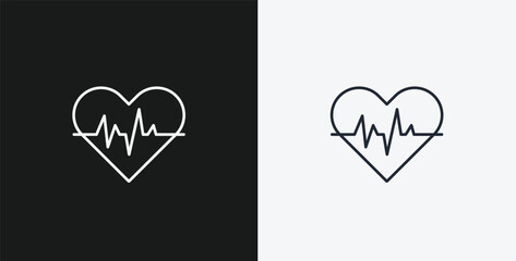 Heart with Heartbeat Line on Black and White Backgrounds, Representing Cardiology, Health, or Love, White Outline Icon