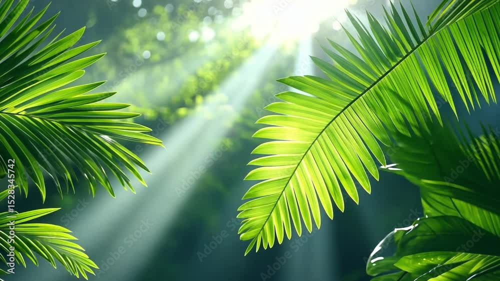 Poster sunlit forest canopy: sunlight streams through lush green palm fronds, illuminating a vibrant forest