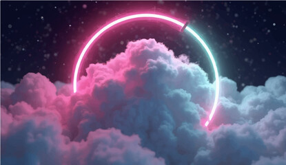 3d render, abstract cloud illuminated with neon light ring on dark night sky. Glowing geometric shape, round frame pink and light green. © Ashraful