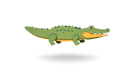 Fototapeta premium Adorable Paper Craft Crocodile: A Whimsical Green Reptile in a Playful Pose on a White Background