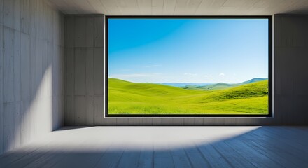 Serene Green Hills View from Modern Concrete Interior: Nature's Escape