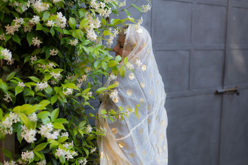 a woman shrouded in delicate lace stands beside blooming jasmine expressing reverence or a quiet...