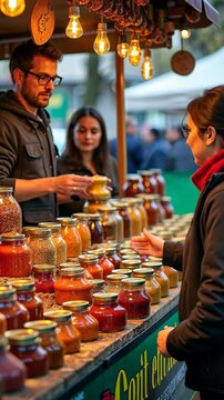 A multicultural food market stall overflowing with exotic condiments, jars of harissa, gochujang, and za'atar catching the light,.