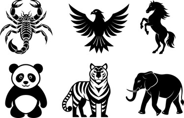 Vector animal set with tiger, cat, dog, wolf, horse, bear, and bird illustrations, perfect for tattoo and logo designs