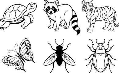 Cartoon animal insect vector set illustration for coloring book