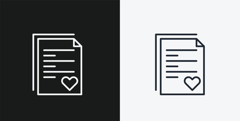 Wedding Certificate or Document with Heart and Text on Black and White Backgrounds, Representing Marriage or Love, White Outline Icon
