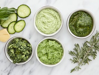 Obraz premium Fresh green herb dips with cucumbers on marble surface. Top view.