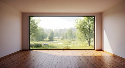 Fototapeta premium Serene Interior: Window to Nature, Minimalist Design, Peaceful Living