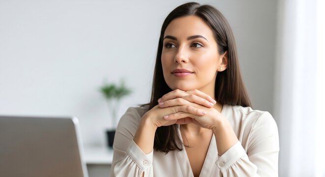 Pensive young businesswoman looking away while working