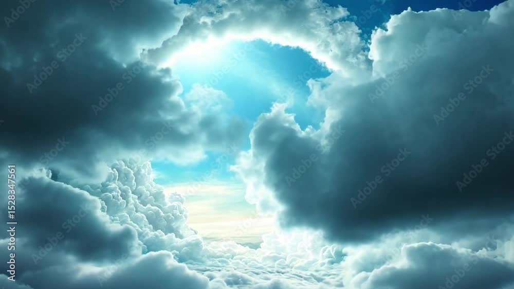 Poster heavenly aperture: capture an ethereal scene, where the light streams through a break in the clouds,
