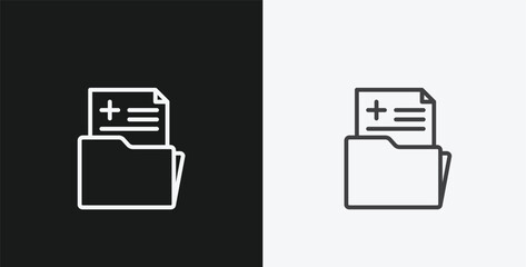 Medical Record Folder with Document and Plus Sign on Black and White Backgrounds, Representing Healthcare or Patient Data, White Outline Icon