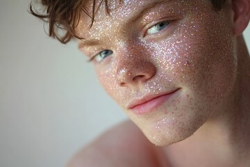 Portrait of handsome young man with glitter on face. Glowing skin. Concept of beauty and fashion.