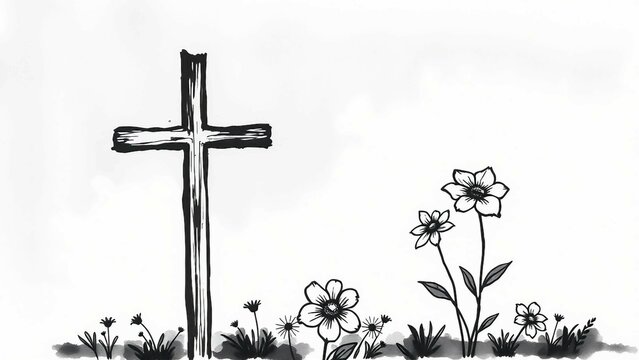 Schlichtes christliches Holzkreuz mit Blumen auf hellem Hintergrund, schwarz-wei&szlig;er Aquarellstil. Ideal f&uuml;r Trauerkarten, religi&ouml;se Themen, Friedhofsgestaltung oder spirituelle Illustrationen.
