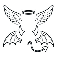 Angel and Devil Elements Outlined in Black and White with Wings Halo Horns and Tail for Design