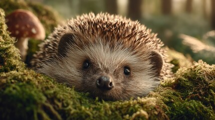 Fototapeta premium A small brown and white hedgehog is laying on a patch of moss. The hedgehog is looking up at the camera, and the mossy ground gives the scene a natural, peaceful feel