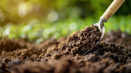 A garden shovel is seen digging through rich, fresh soil in a vibrant green garden, symbolizing growth and nurturing nature's beauty in a flourishing environment.