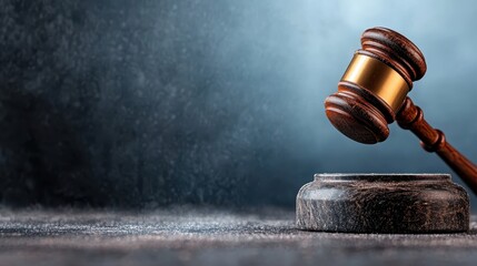 A close-up image of a wooden gavel poised above a polished black surface, illuminated by dramatic lighting, symbolizing justice, law, and legal proceedings.